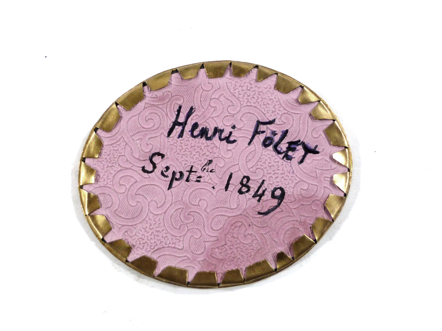 Daguerréotype 1849 d'un petit garçon nommé "Henri FOLET" dans un petit médaillon 6,5x7,5cm.Garçonnet en pied.