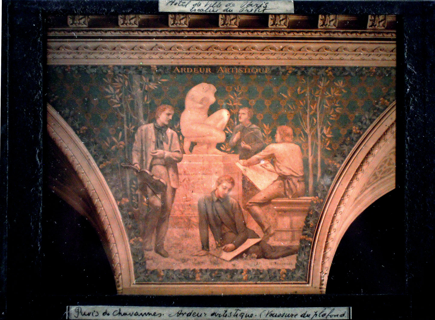 Autochrome Lumière 13X18.Hôtel de ville de Paris, escalier du Préfet.Voussure du plafond"Peintre:Puvis de Chavannes(1825-1898)". Ecole Française."Ardeur Artistique"(réf 256)