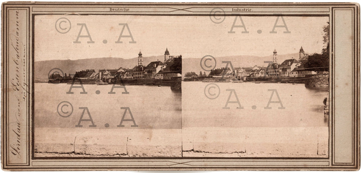 Rare! 1855.Allemagne.Deutschland."Lindau wird vom Eisenbahndamm aufgesogen".Photo Stereo.Stereoview.Germany.(Deutche Industrie) ARDECHE PHOTO ANTIQUE