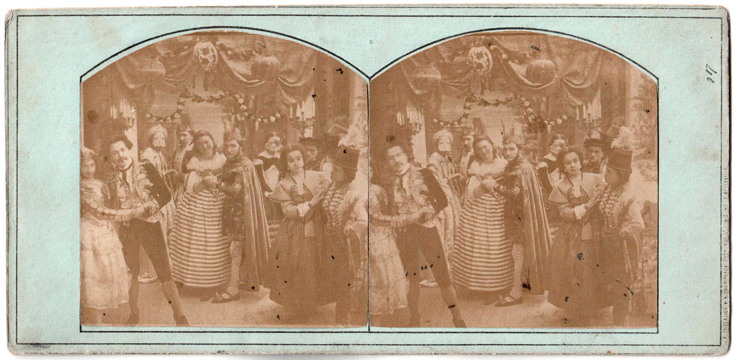 Félix Chevalier & Auguste Champeaux photographes rue st denis,n°52 à Belleville, Paris. Stereo Scène de genre."Au bal"1859.Photo stéréo. Série N°40.Animée de plusieurs personnages.
