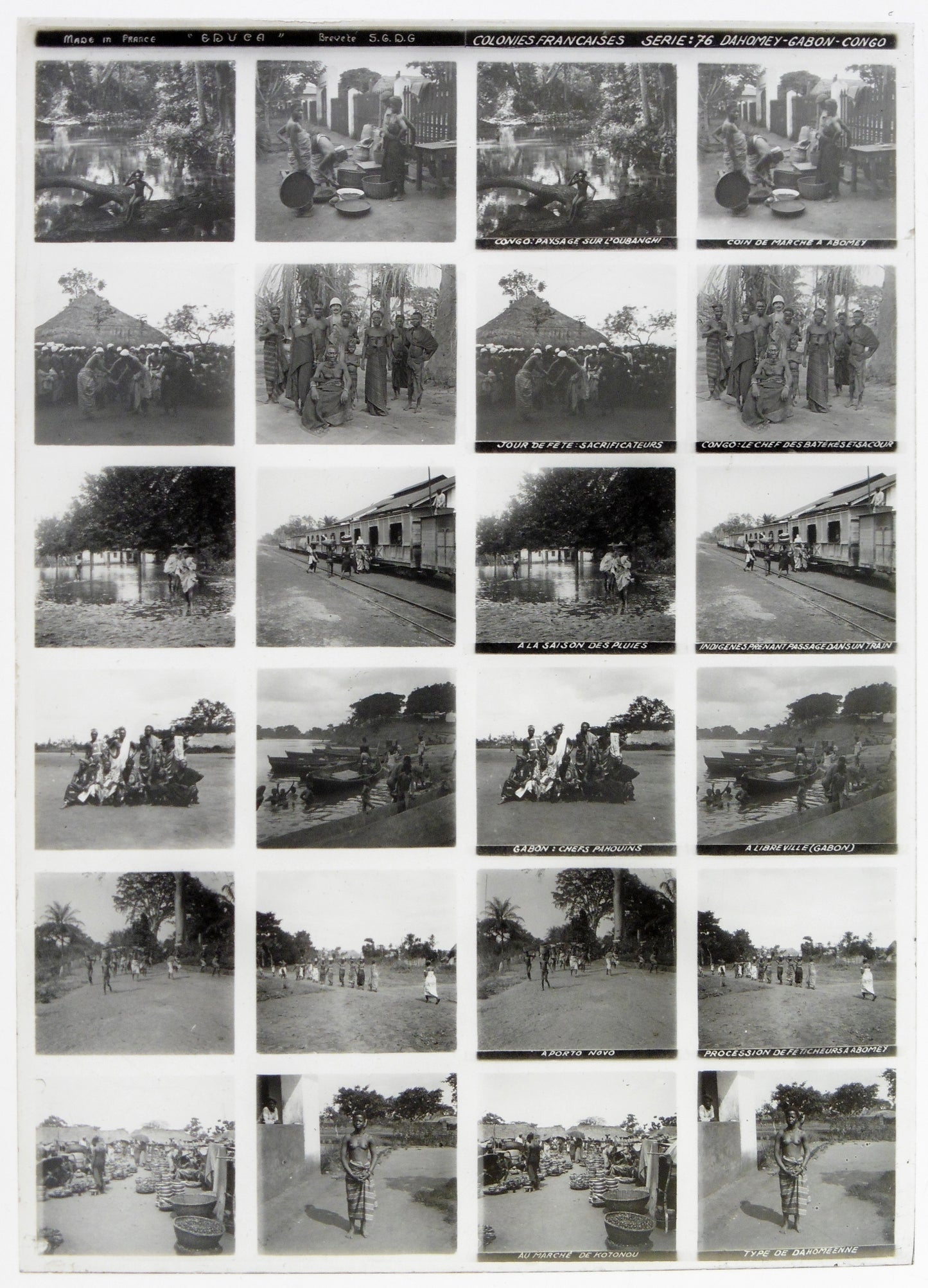 Educa.Colonnies Françaises. Série 76 "Afrique Française Dahomey-Gabon-Congo" Stereo 12 Vues sur plaque de verre positive 13x18 pour borne stéréoscopique Educa.