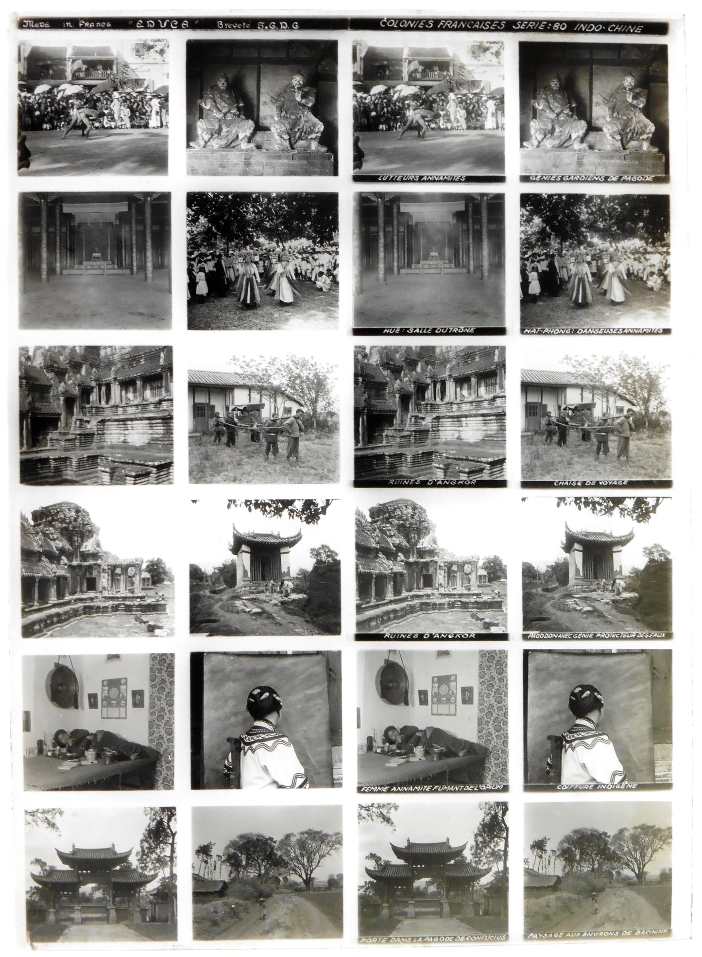 Educa.Colonnies Françaises. Série 80 "Indo chine, Indochine"Stereo 12 Vues sur plaque de verre positive 13x18 pour borne stéréoscopique Educa