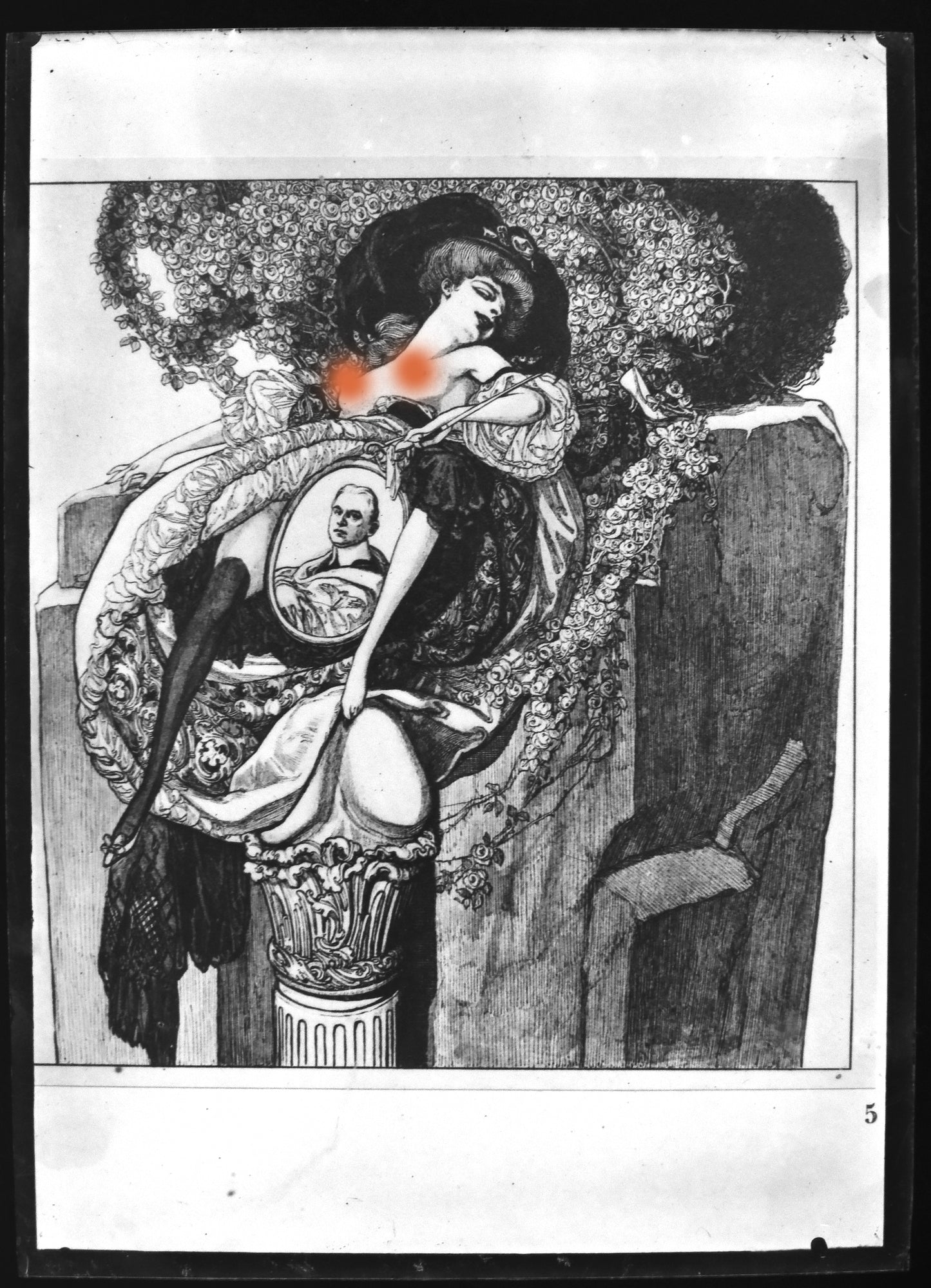 Nu.Nude.Curiosa.Erotic.Franz Von Bayros N°5 .Dessin Erotique sur Plaque de verre Négatif 13x18cm."Le Souvenir". 1900'.