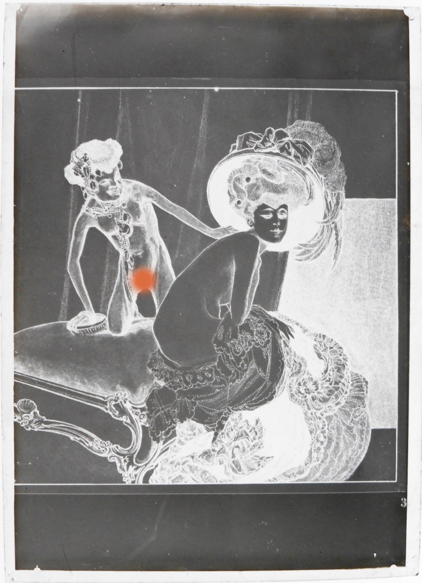 Nu.Nude.Curiosa.Erotic.Franz Von Bayros N°3.Dessin Erotique sur Plaque de verre Négative 13x18cm."Le Serviteur""The Servant".1900'.