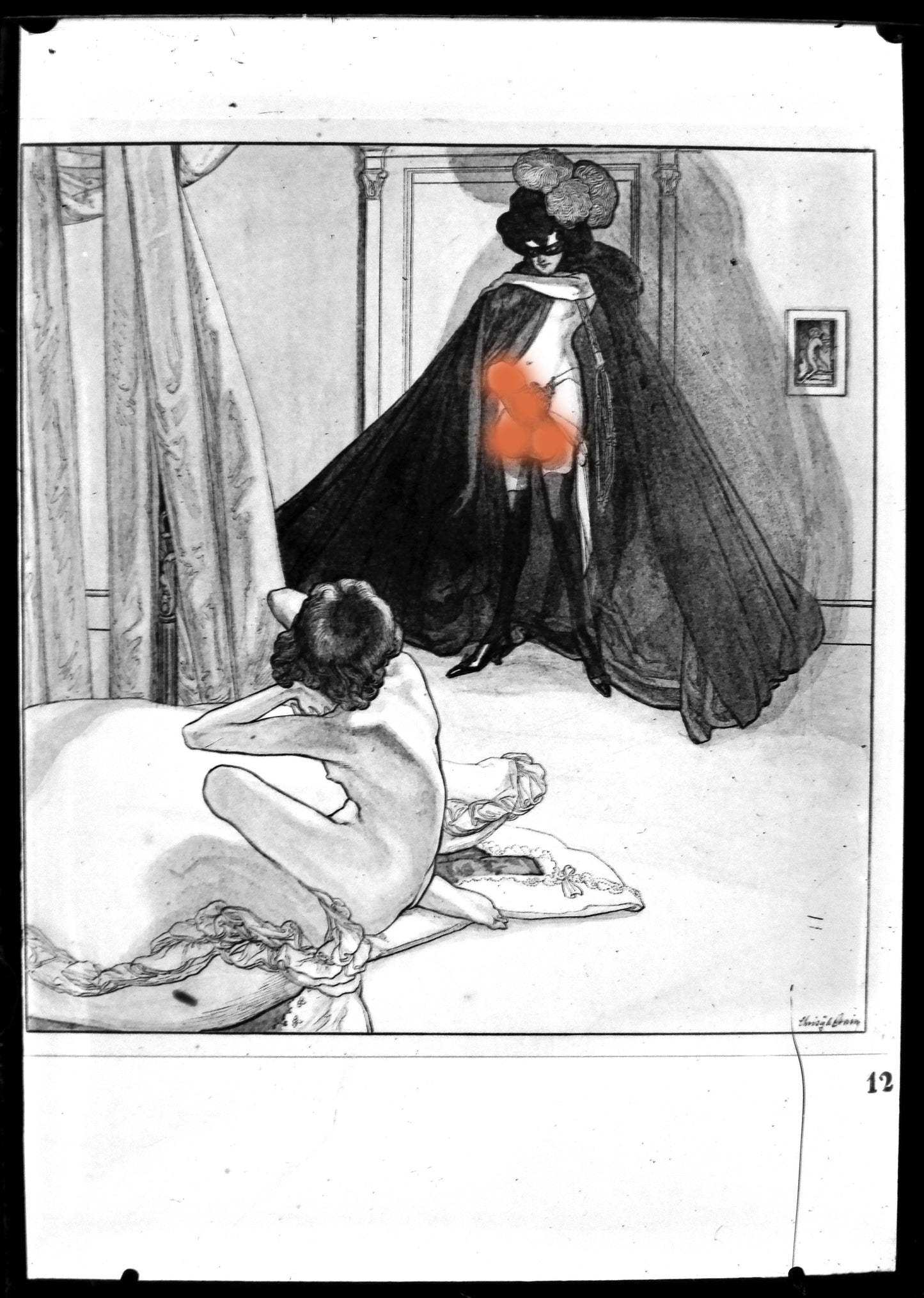 Nu.Nude.Curiosa.Erotic.Franz Von Bayros N°12.Dessin Erotique sur Plaque de verre Négative 13x18cm."Bilder aus dem Boudoir der Madame CC"Le Boudoir de Madame CC.1900'.