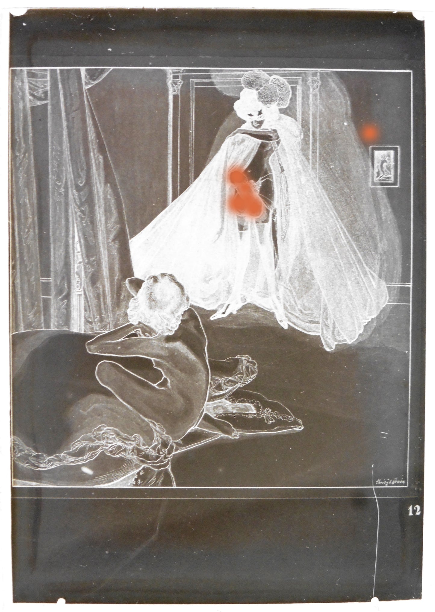 Nu.Nude.Curiosa.Erotic.Franz Von Bayros N°12.Dessin Erotique sur Plaque de verre Négative 13x18cm."Bilder aus dem Boudoir der Madame CC"Le Boudoir de Madame CC.1900'.