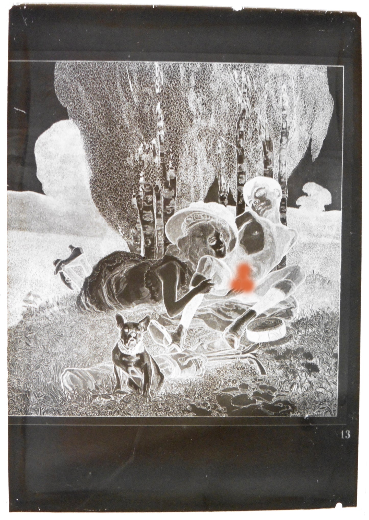 Nu.Nude.Curiosa.Erotic.Franz Von Bayros N°13.Dessin Erotique sur Plaque de verre Négative 13x18cm."Im Garten der Aphrodite."Je suis dans le Jardin d'Aphrodite.1900'.