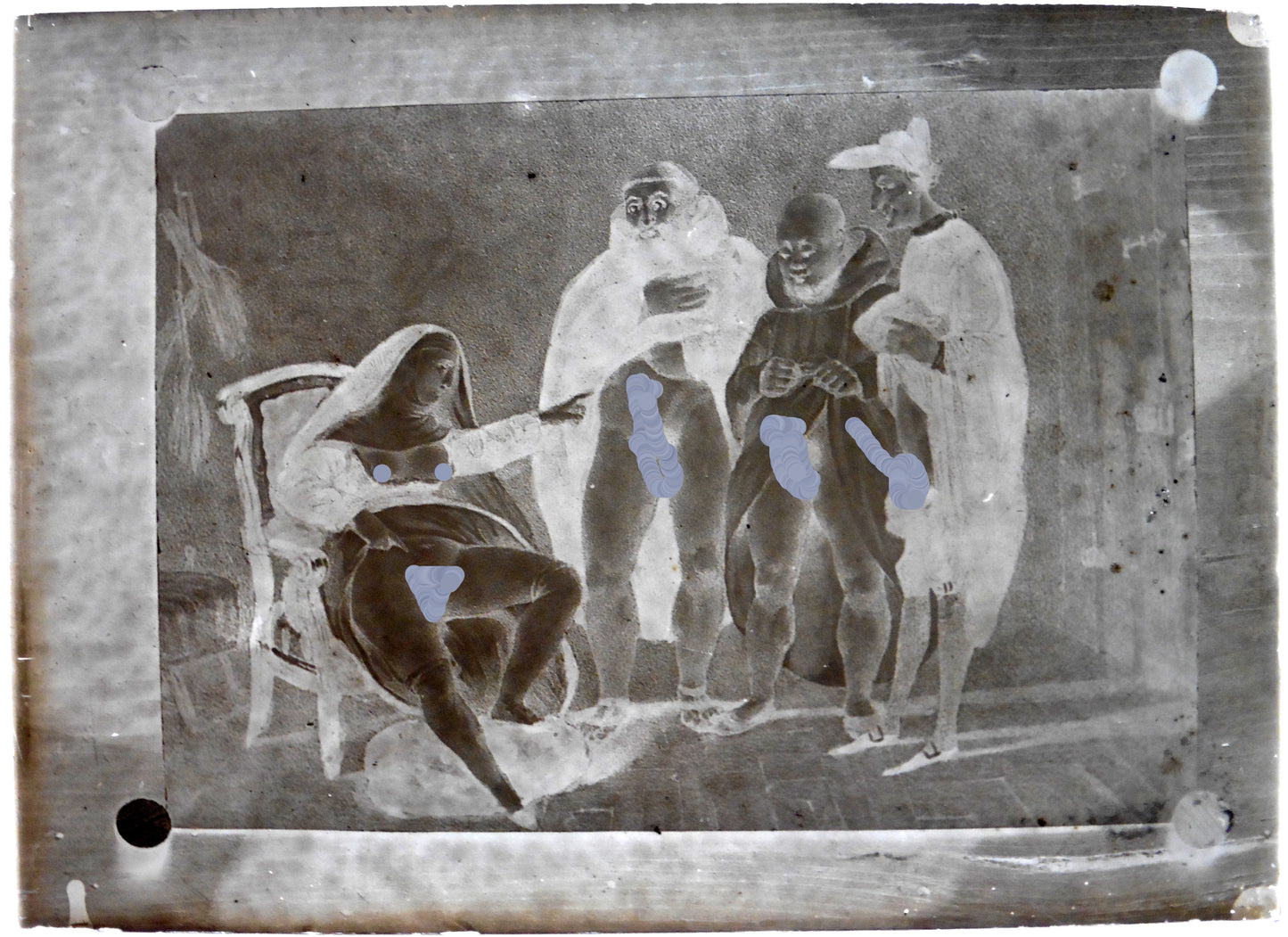 Nu, Nude, Curiosa, Erotisme, Reproduction d'une gravure de trois personnages nus.Plaque de verre négative 13x18cm , Photo image négatif sur verre 1900'. réf:496
