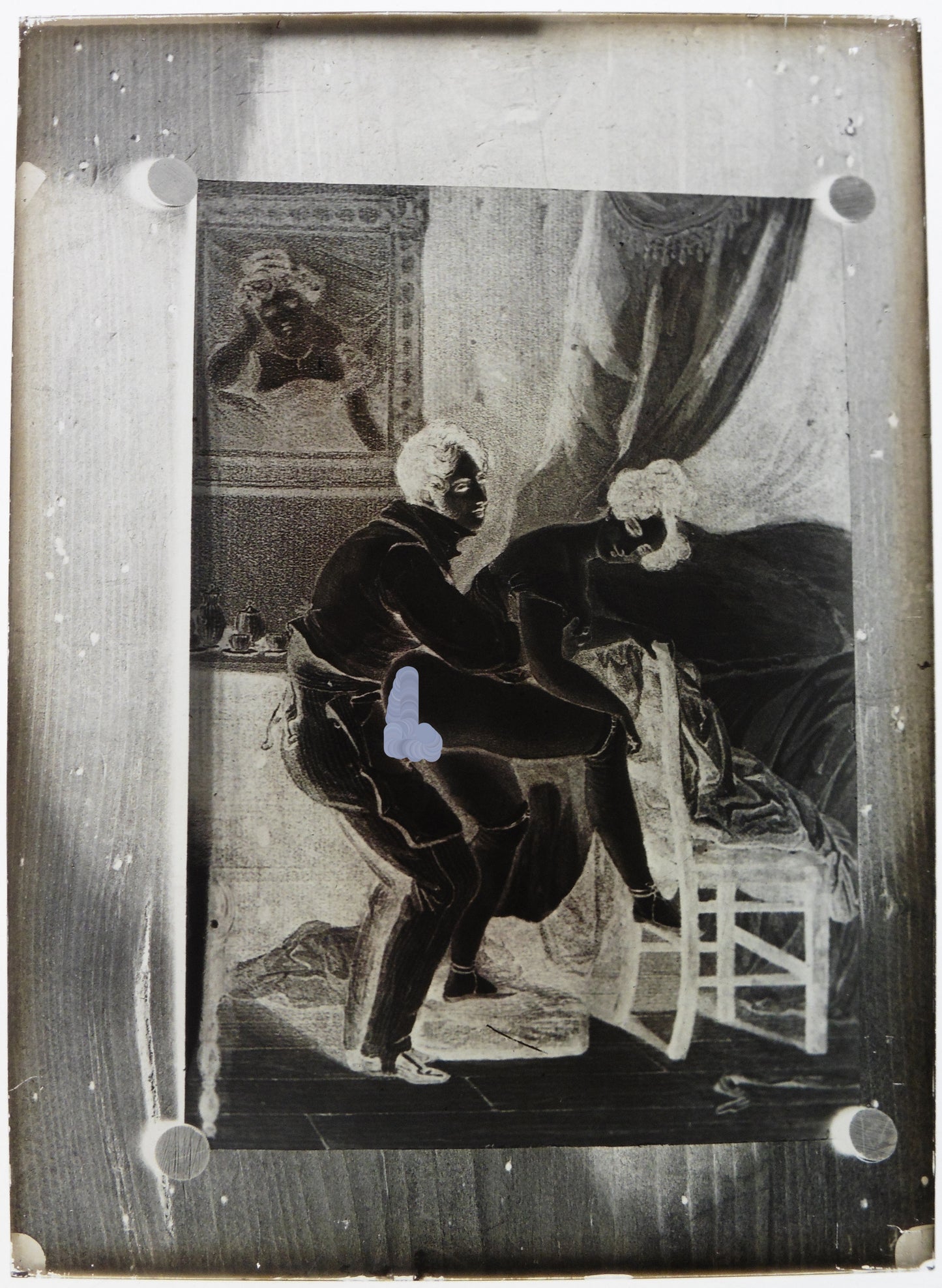 Nu, Nude, Curiosa, Erotisme, Reproduction d'une gravure d'un couple nus.Plaque de verre négative 13x18cm , Photo image négatif sur verre 1900'. réf:499