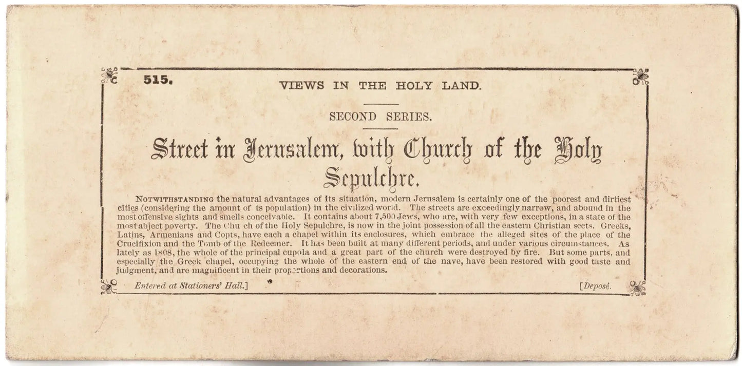 Photo Stéréo Palestine, Street in Jerusalem, with church of the Holy Sepulchre.Views in The Holy-Land.1857-58. ARDECHE PHOTO ANTIQUE