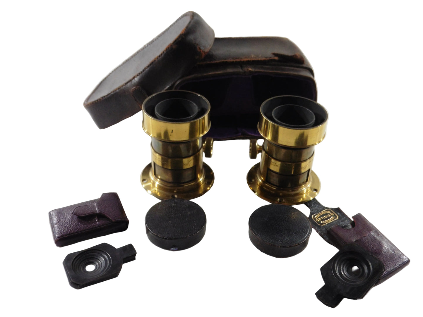 J.H. Dallmeyer.150mm F=5.Rare paire d'objectifs en laiton, pair of antique stereo camera lenses,brass photo lenses with original case and accessories.