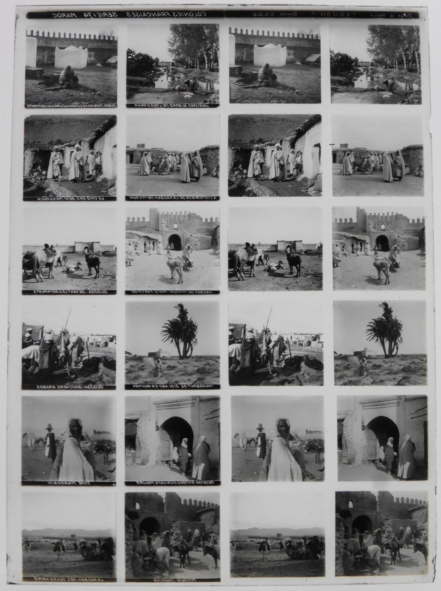 Educa.Colonnies Françaises. Série 74 "Maroc" Stereo 12 Vues sur plaque de verre positive 13x18 pour borne stéréoscopique Educa.