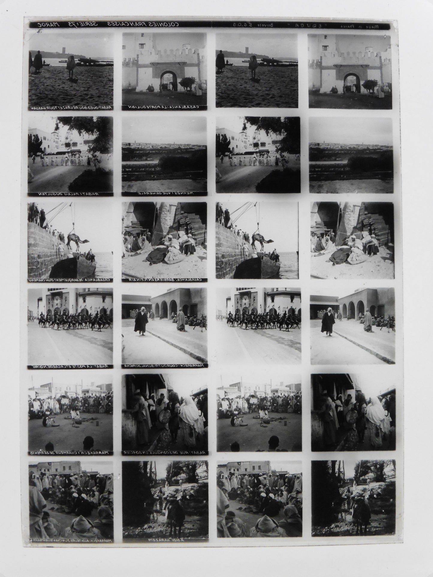 Educa.Colonnies Françaises. Série 73 "Maroc" Stereo 12 Vues sur plaque de verre positive 13x18 pour borne stéréoscopique Educa.