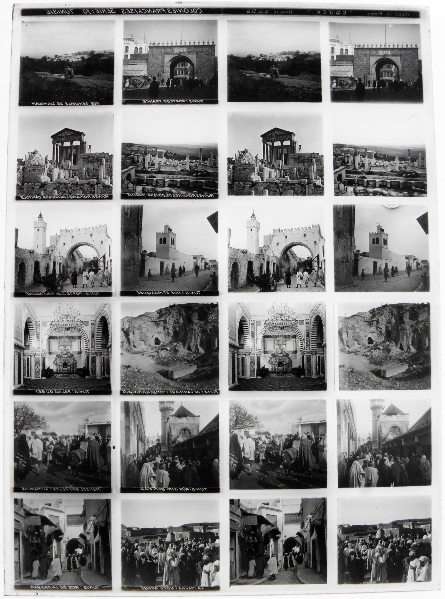 Educa.Colonnies Françaises. Série 70 "Tunisie" Stereo 12 Vues sur plaque de verre positive 13x18 pour borne stéréoscopique Educa.