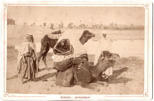 Algérie Biskra.Un Palanquin.Nomades et Chameaux.Carte Cabinet.Photo Albuminée ND.1889.