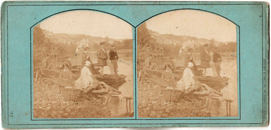 "Une Partie de pêche 1." Félix Chevalier & Auguste Champeaux photographes rue st denis,n°52 à Belleville, Paris.  Stereo Scène de genre. 1859.Photo stéréo.  Série N°40.Animée de plusieurs personnages, barques.
