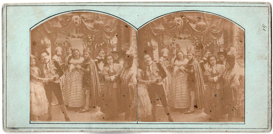 Félix Chevalier & Auguste Champeaux photographes rue st denis,n°52 à Belleville, Paris.  Stereo Scène de genre."Au bal"1859.Photo stéréo.  Série N°40.Animée de plusieurs personnages.