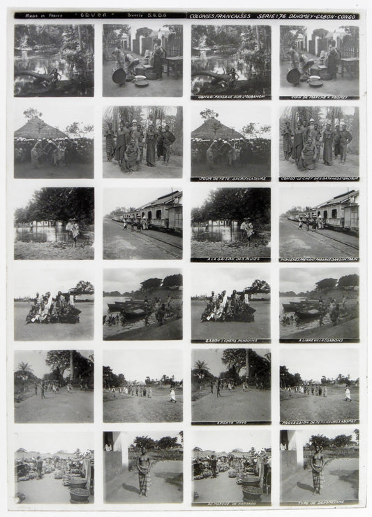 Educa.Colonnies Françaises. Série 76 "Afrique Française Dahomey-Gabon-Congo" Stereo 12 Vues sur plaque de verre positive 13x18 pour borne stéréoscopique Educa.
