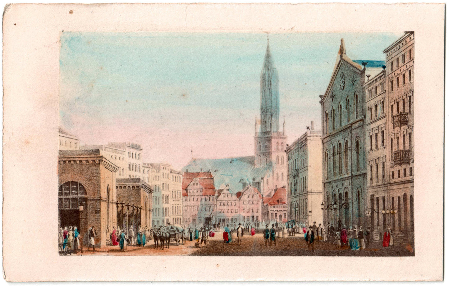 Cdv Allemagne.Hambourg.Hamburg, marché aux chevaux.C.Gassmann.Photo Albuminée aquarellée d'après lithographie.Format photo carte de visite 6,6x10,6cm.1860.