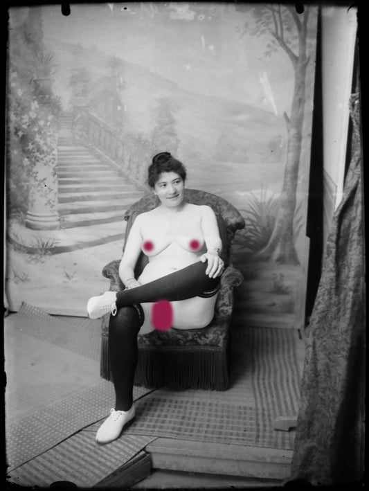 Nu, Nude, Curiosa, Erotisme, une jeune femme sur un canapé.Plaque de verre négative 13x18cm , Photo image négatif sur verre 1900'.
