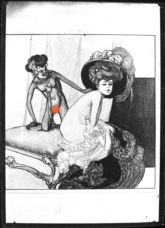 Nu.Nude.Curiosa.Erotic.Franz Von Bayros N°3.Dessin Erotique sur Plaque de verre Négative 13x18cm."Le Serviteur""The Servant".1900'.