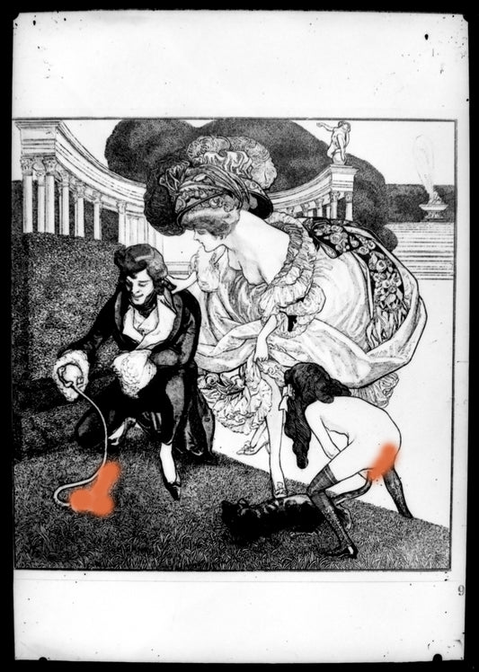 Nu.Nude.Curiosa.Erotic.Franz Von Bayros N°9.Dessin Erotique sur Plaque de verre Négative 13x18cm."Im Garten der Aphrodite."Je suis dans le Jardin d'Aphrodite.1900'.