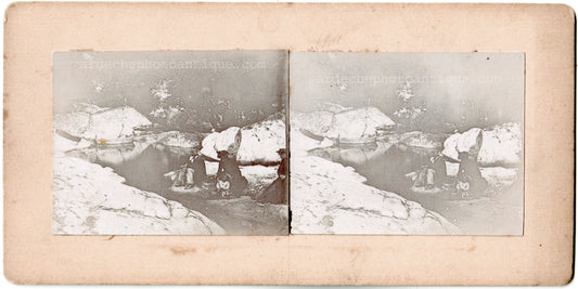 Alboussière.Ardèche.07.Pêche à la truite.Animée de personnages. Stereo Scène de vie. 1890 .Photo stéréo citrate.