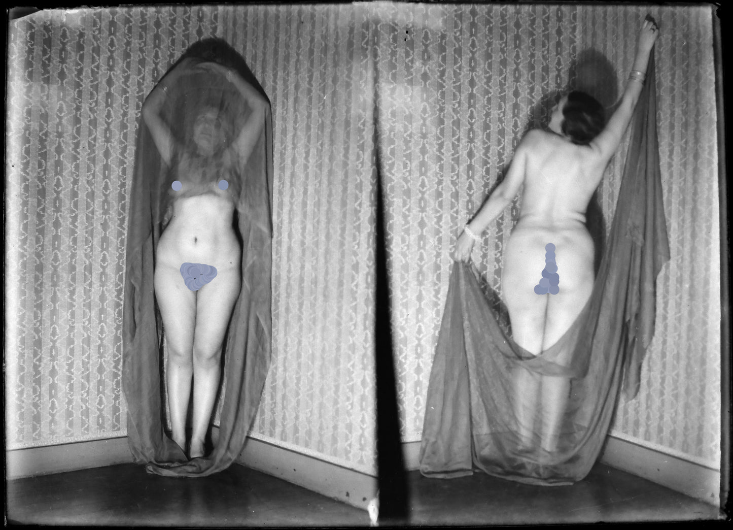 Nu, Erotisme, Artistique, Une femme nue voilée.Deux images sur une plaque de verre négative 13x18cm , Photo image négatif sur verre 1900'.Réf:491