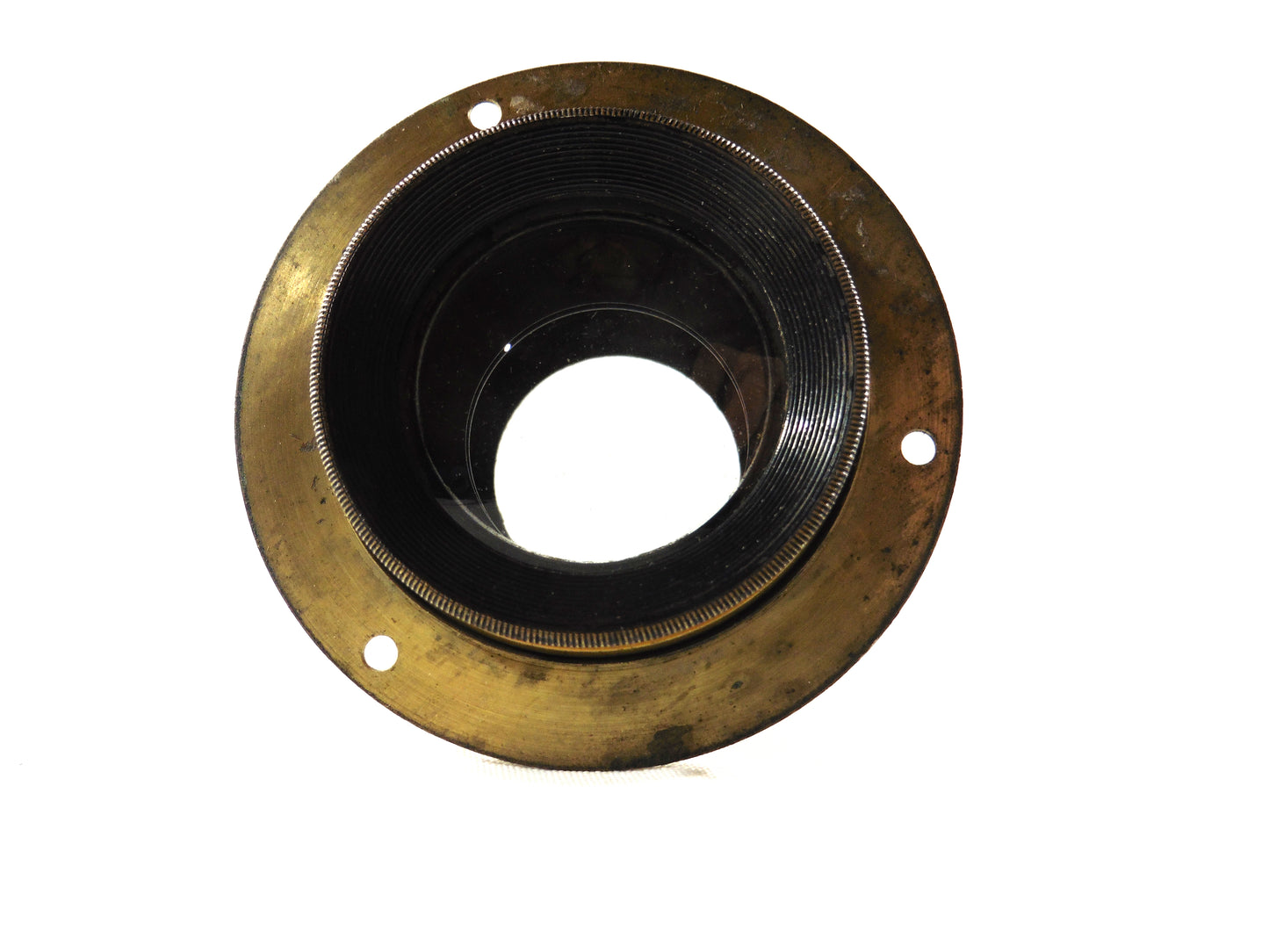 Derogy N°4 avec bague, objectif en laiton, focale environ 290mm, ouverture estimative F/8, hauteur objectif 8,5cm, diamètre pare-soleil 6cm, diamètre bague 8cm, diamètre lentille avant 4cm.