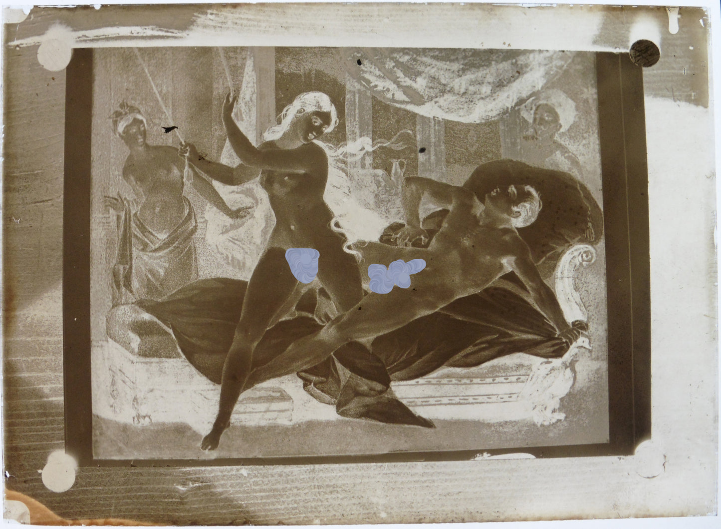 Nu, Nude, Curiosa, Erotisme, Reproduction d'une gravure de quatre personnes nus.Plaque de verre négative 13x18cm , Photo image négatif sur verre 1900'. réf:494