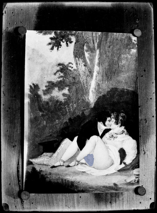 Nu, Nude, Curiosa, Erotisme, Reproduction d'une gravure d'un couple nu.Plaque de verre négative 13x18cm , Photo image négatif sur verre 1900'. réf:495