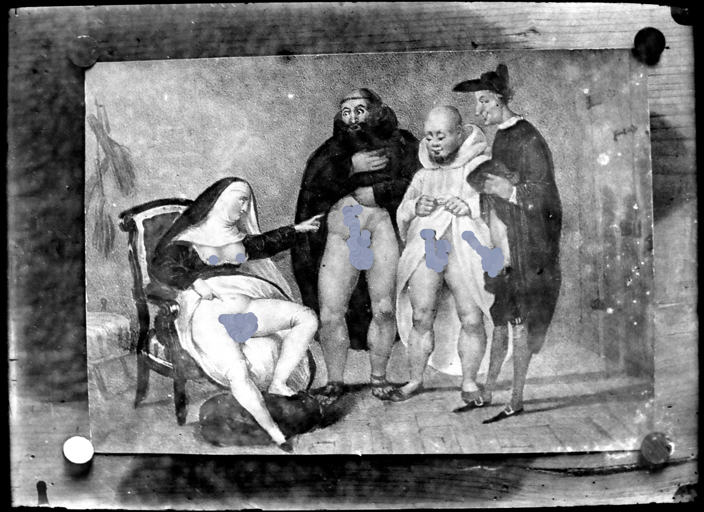Nu, Nude, Curiosa, Erotisme, Reproduction d'une gravure de trois personnages nus.Plaque de verre négative 13x18cm , Photo image négatif sur verre 1900'. réf:496