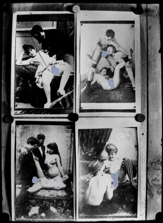 Nu, Nude, Curiosa, Erotisme, Reproduction de quatre photographies de plusieurs couples nus.Plaque de verre négative 13x18cm , Photo image négatif sur verre 1900'. réf:497