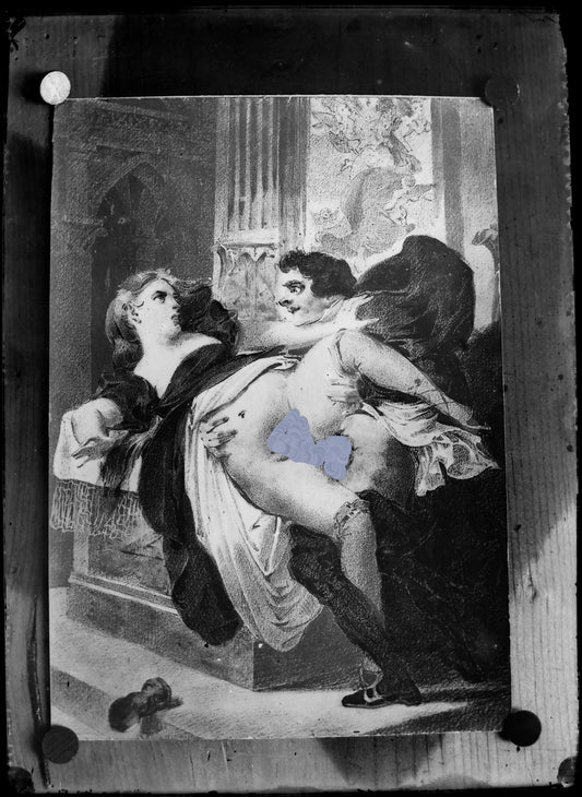 Nu, Nude, Curiosa, Erotisme, Reproduction d'une gravure d'un couple nus.Plaque de verre négative 13x18cm , Photo image négatif sur verre 1900'. réf:498