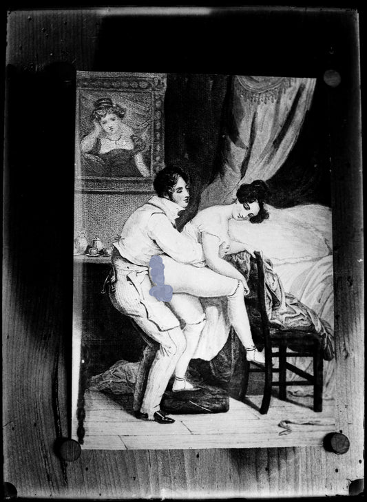 Nu, Nude, Curiosa, Erotisme, Reproduction d'une gravure d'un couple nus.Plaque de verre négative 13x18cm , Photo image négatif sur verre 1900'. réf:499