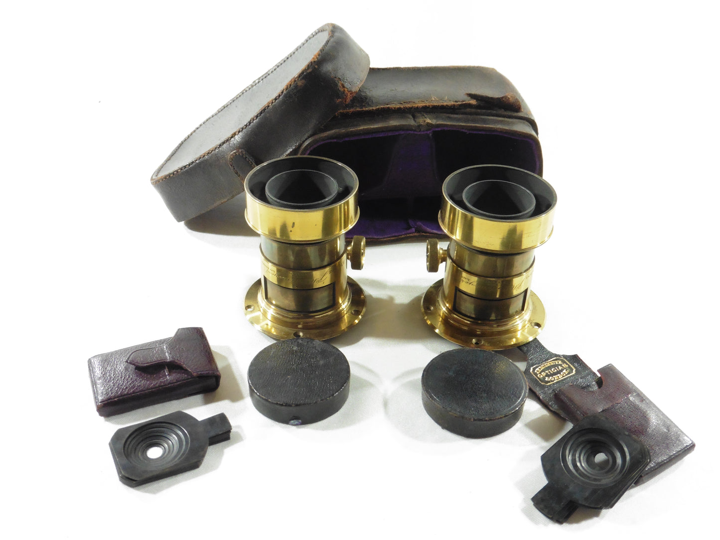 J.H. Dallmeyer.150mm F=5.Rare paire d'objectifs en laiton, pair of antique stereo camera lenses,brass photo lenses with original case and accessories.