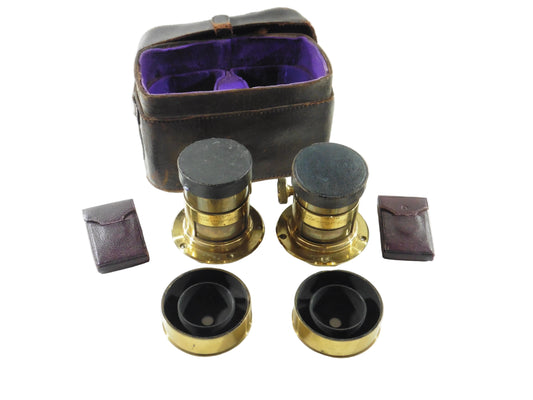 J.H. Dallmeyer.150mm F=5.Rare paire d'objectifs en laiton, pair of antique stereo camera lenses,brass photo lenses with original case and accessories.