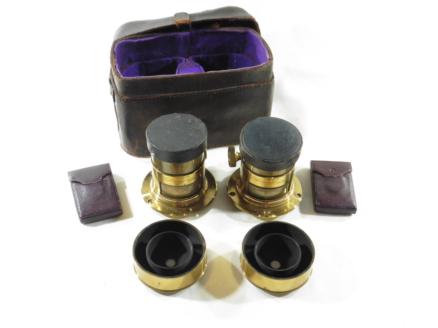 J.H. Dallmeyer.150mm F=5.Rare paire d'objectifs en laiton, pair of antique stereo camera lenses,brass photo lenses with original case and accessories.