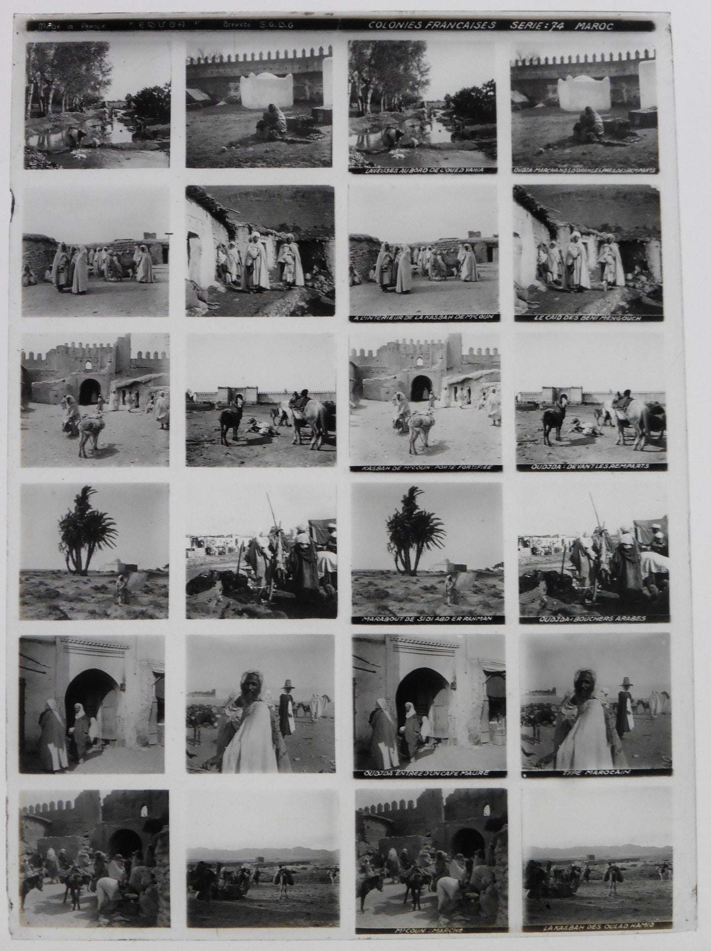 Educa.Colonnies Françaises. Série 74 "Maroc" Stereo 12 Vues sur plaque de verre positive 13x18 pour borne stéréoscopique Educa.