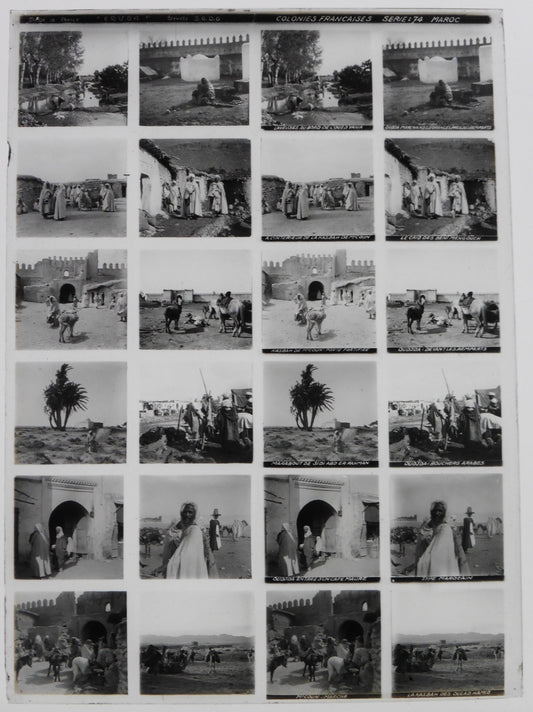 Educa.Colonnies Françaises. Série 74 "Maroc" Stereo 12 Vues sur plaque de verre positive 13x18 pour borne stéréoscopique Educa.