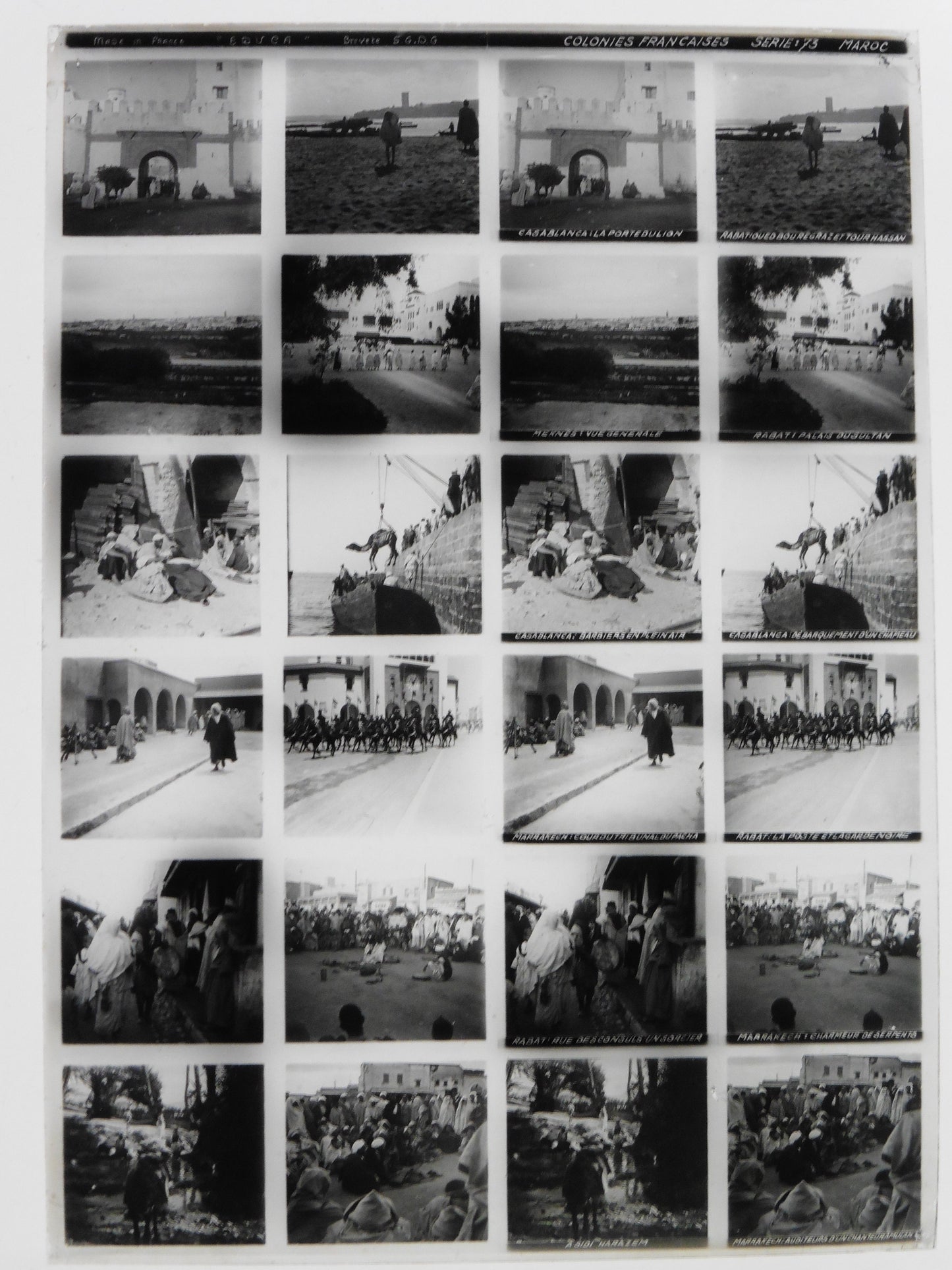 Educa.Colonnies Françaises. Série 73 "Maroc" Stereo 12 Vues sur plaque de verre positive 13x18 pour borne stéréoscopique Educa.
