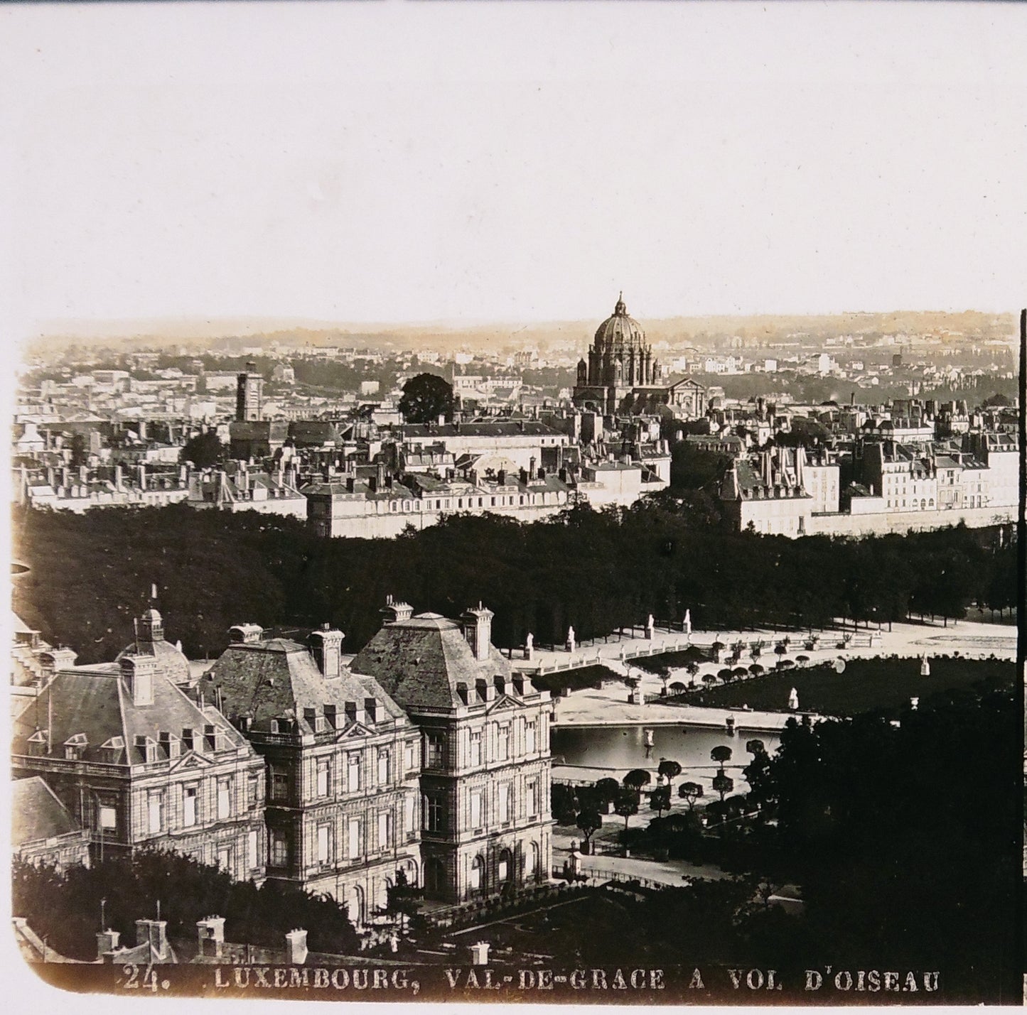 Paris.Le Jardin du Luxembourg et le Val de Grace à vol d'oiseau.Plaque de verre Stéréoscopique Positive 8,5x17cm.Circa 1860.Vintage photo sur verre.France.