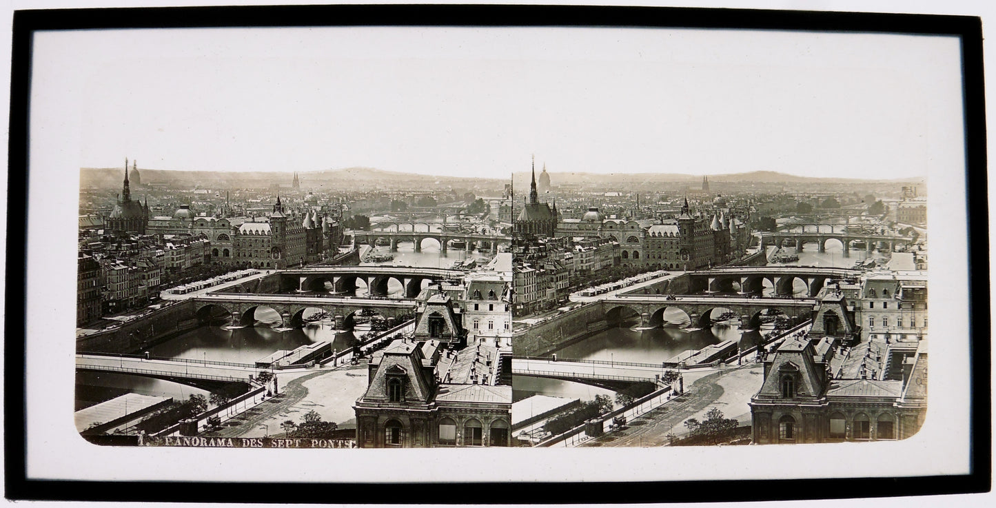 Paris.Panorama des Sept Ponts.Plaque de verre Stéréoscopique Positive 8,5x17cm.Circa 1860.Vintage photo sur verre.France.