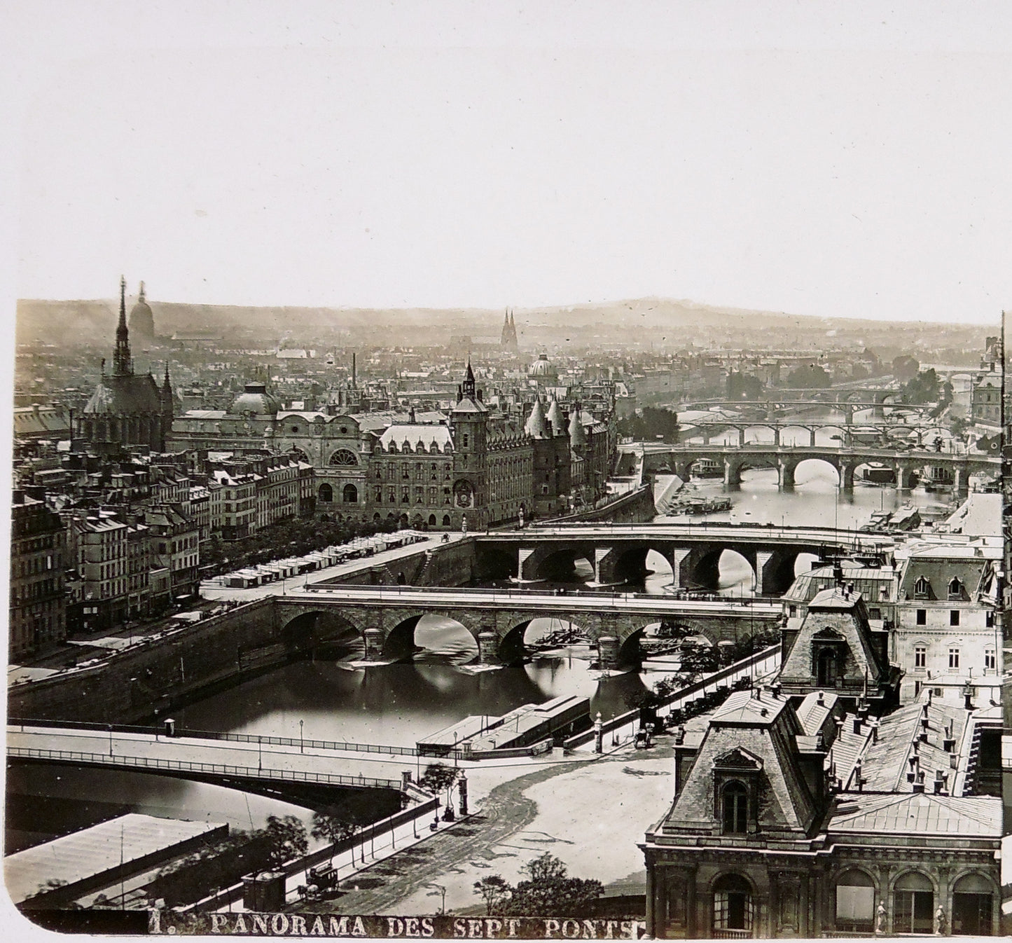 Paris.Panorama des Sept Ponts.Plaque de verre Stéréoscopique Positive 8,5x17cm.Circa 1860.Vintage photo sur verre.France.