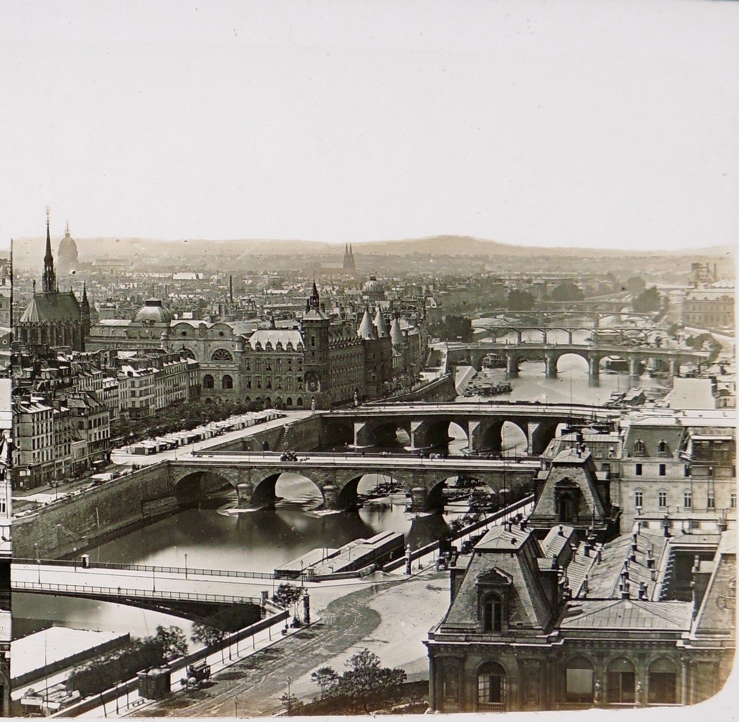 Paris.Panorama des Sept Ponts.Plaque de verre Stéréoscopique Positive 8,5x17cm.Circa 1860.Vintage photo sur verre.France.