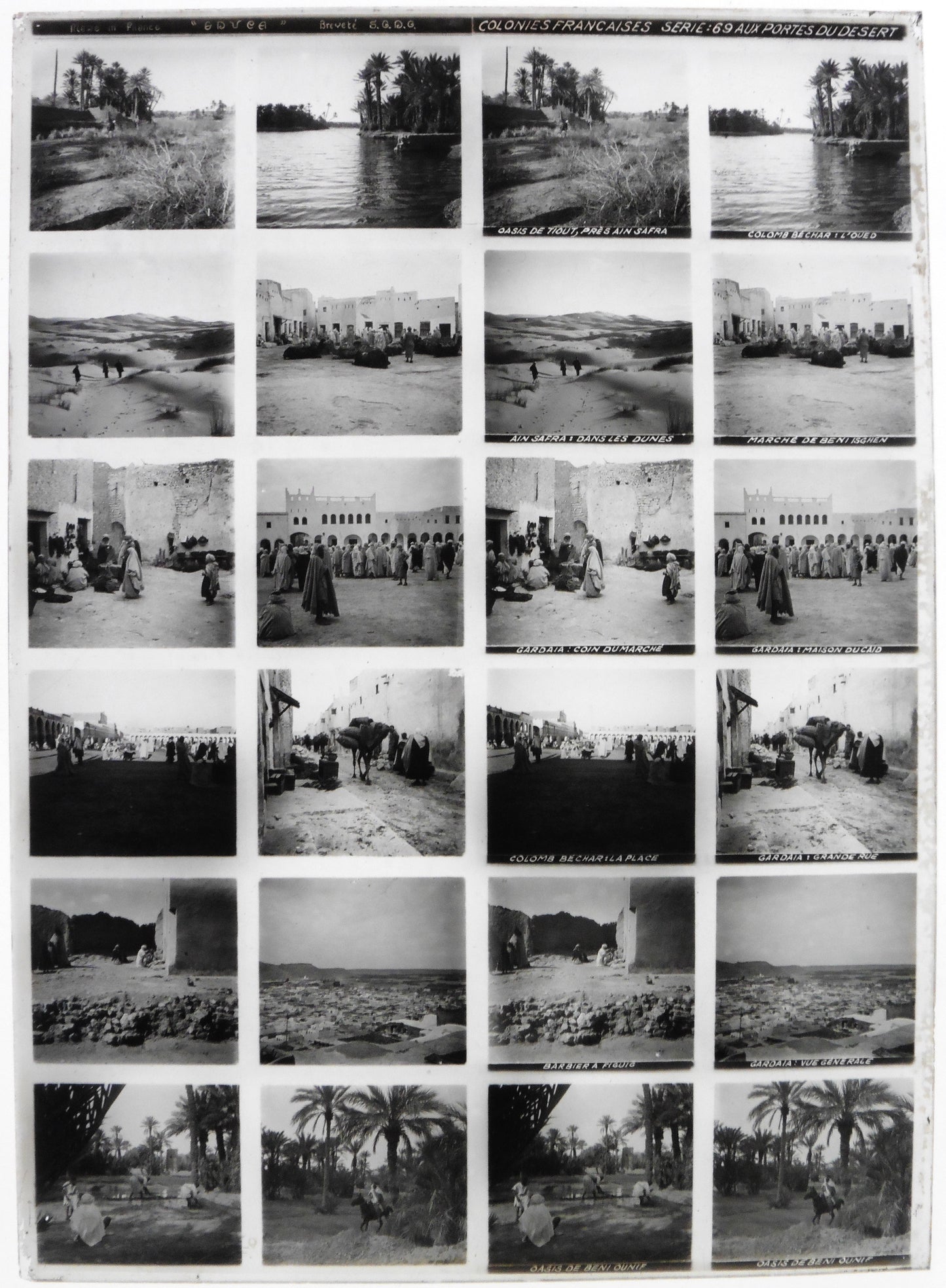 Educa.Colonnies Françaises. Série 69 "Algérie-Maroc, aux portes du désert" Stereo 12 Vues sur plaque de verre positive 13x18 pour borne stéréoscopique Educa.
