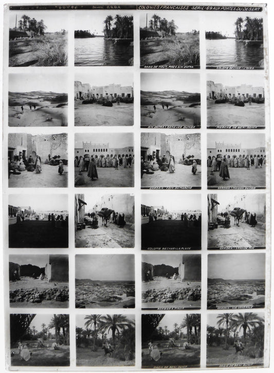 Educa.Colonnies Françaises. Série 69 "Algérie-Maroc, aux portes du désert" Stereo 12 Vues sur plaque de verre positive 13x18 pour borne stéréoscopique Educa.
