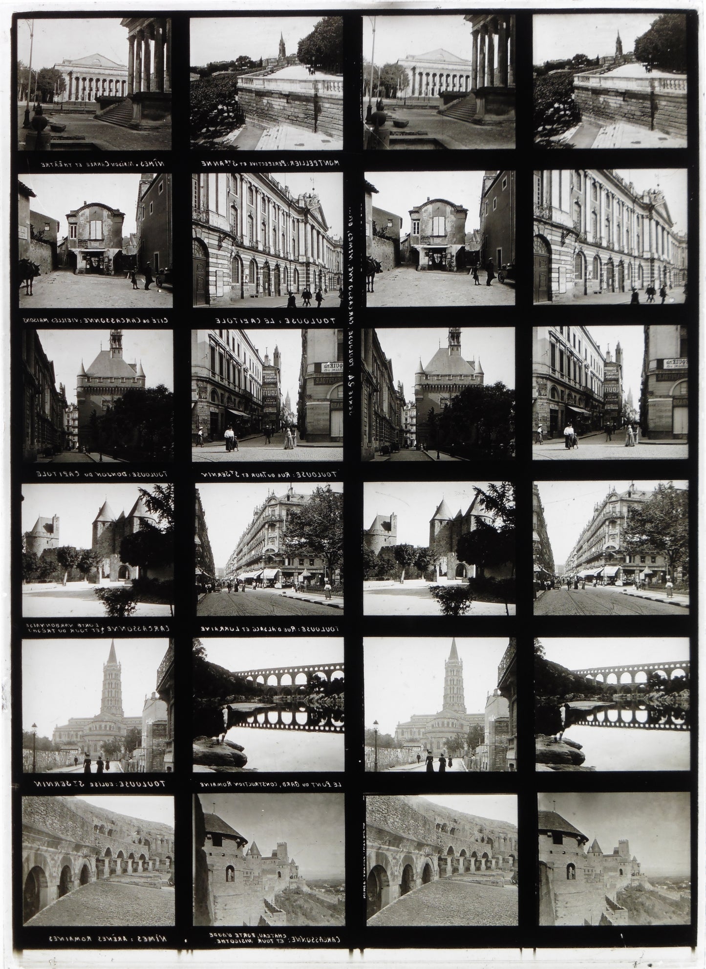 Plaque Verre Stéréo Educa -Toulouse, Carcassonne, Nîmes, Montpellier, le pont du Gard- 12 Vues - Série 23 - 1900