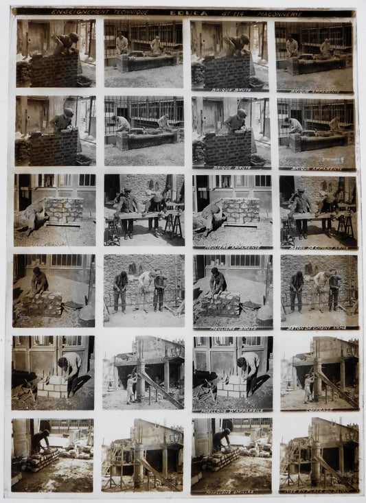 Educa.Enseignement Technique.Série 114 "Maçonnerie" Stereo 12 Vues sur plaque de verre positive 13x18 pour borne stéréoscopique Educa.