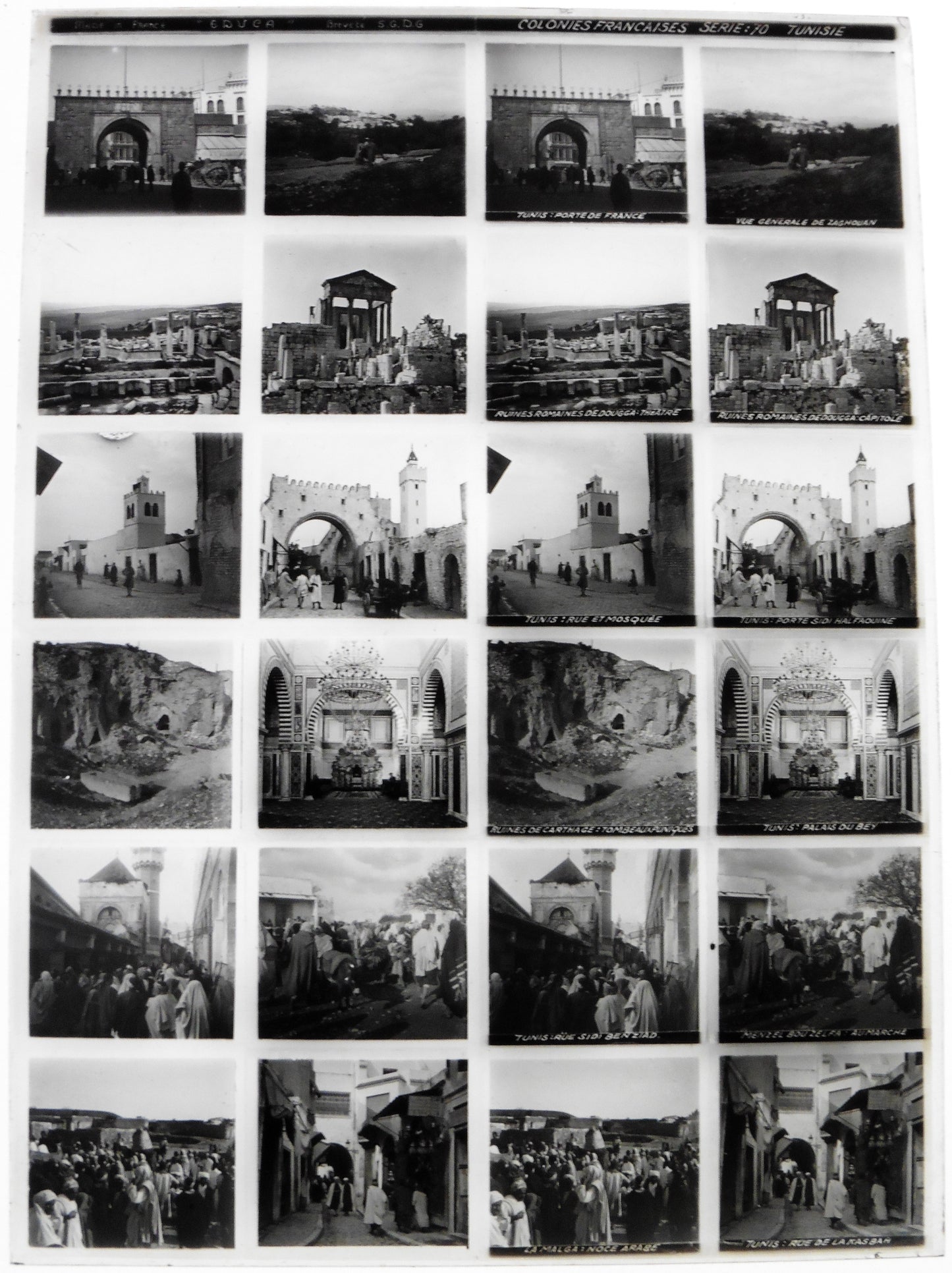 Educa.Colonnies Françaises. Série 70 "Tunisie" Stereo 12 Vues sur plaque de verre positive 13x18 pour borne stéréoscopique Educa.